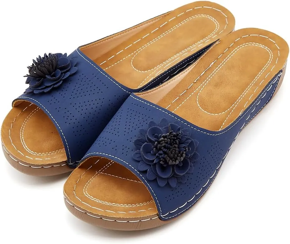 Rungion Womens Summer Beach Sandals Wedge Low Open Toe Slides Ladies Dressy Sandals Slipper Platform Comfortable Flower Sandals