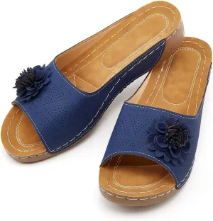 Rungion Womens Summer Beach Sandals Wedge Low Open Toe Slides Ladies Dressy Sandals Slipper Platform Comfortable Flower Sandals