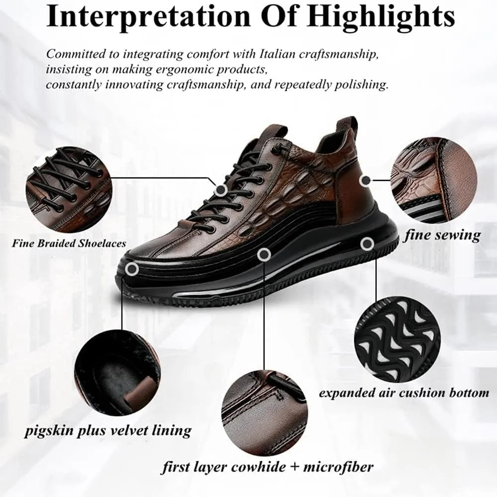 RZDYSQ Men's Cowhide Crocodile Print Sneakers, Soft Leather Height Lifting Non-Slip Casual Comfortable Shoes, Men's Casual Sneakers