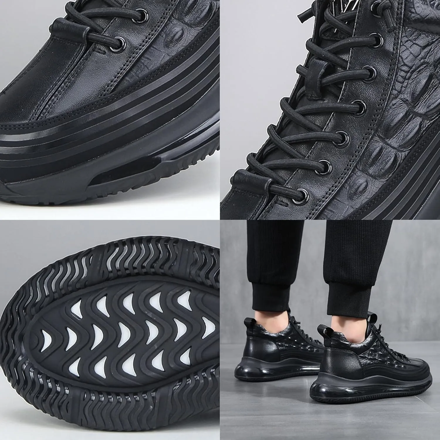 RZDYSQ Men's Cowhide Crocodile Print Sneakers, Soft Leather Height Lifting Non-Slip Casual Comfortable Shoes, Men's Casual Sneakers