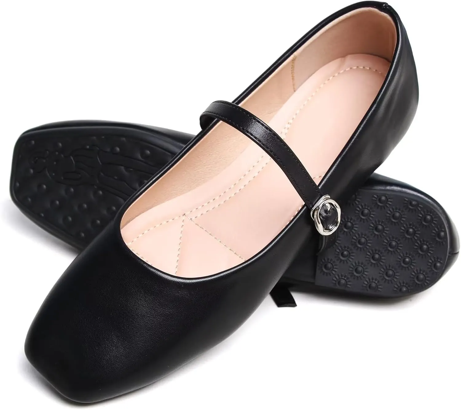 SAILING LU Women's Square Toe Classic Mary Jane Flats Soft PU Leather Walking Shoes Comfortable Slip-ons Solid Color Dress Shoes