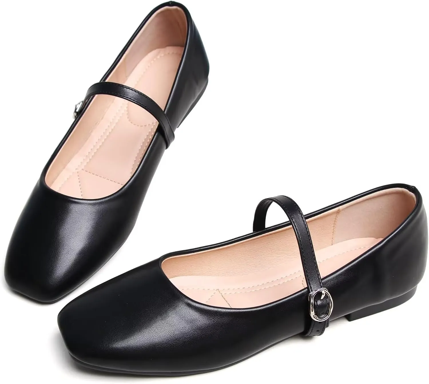 SAILING LU Women's Square Toe Classic Mary Jane Flats Soft PU Leather Walking Shoes Comfortable Slip-ons Solid Color Dress Shoes