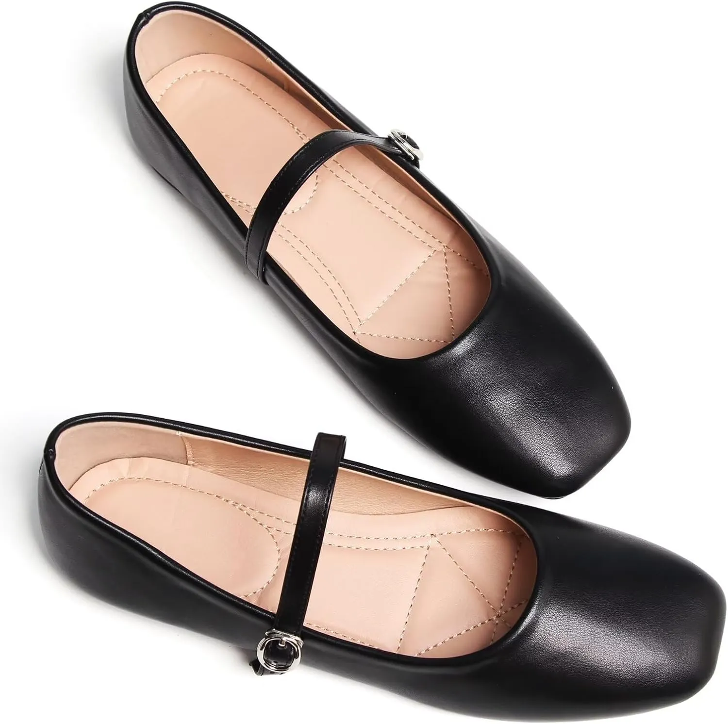 SAILING LU Women's Square Toe Classic Mary Jane Flats Soft PU Leather Walking Shoes Comfortable Slip-ons Solid Color Dress Shoes