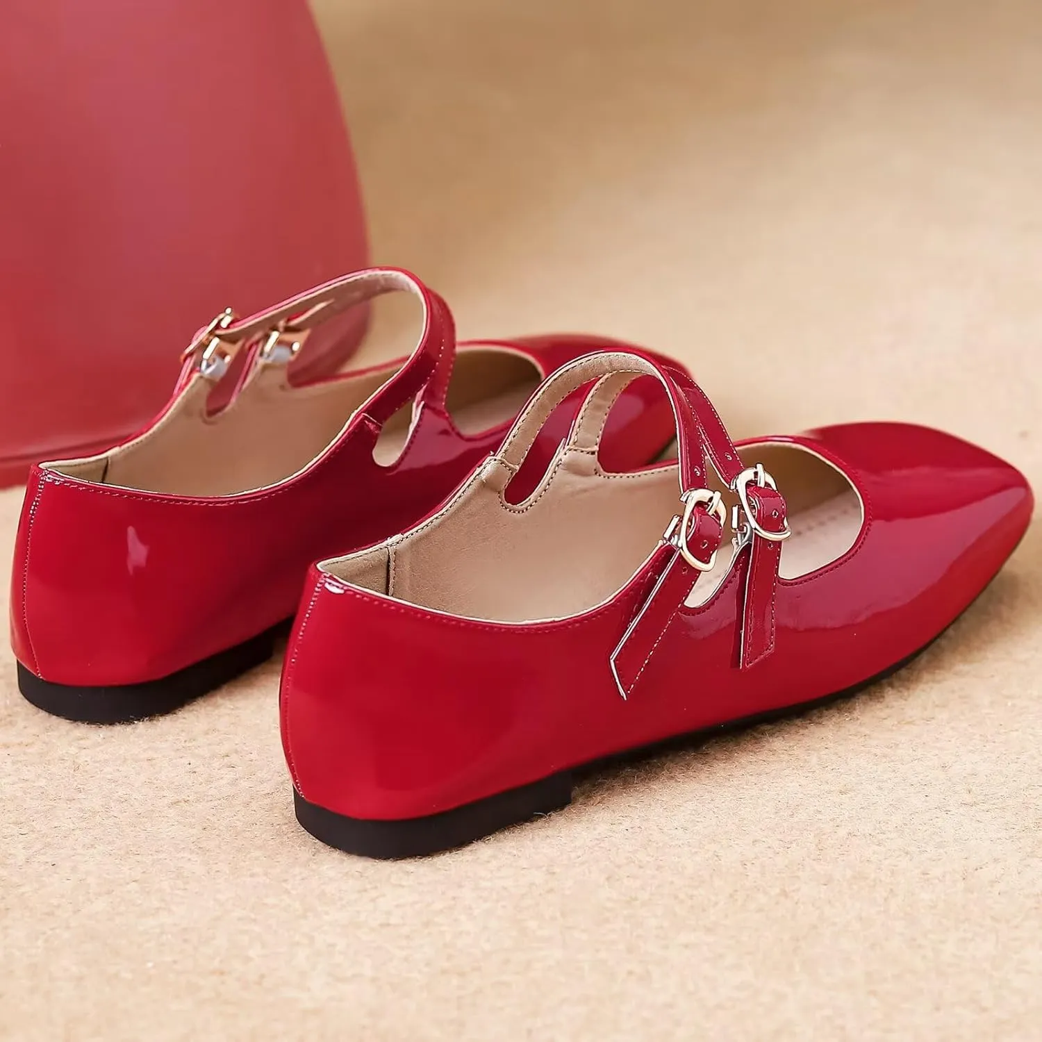 SAILING LU Women's Square Toe Classic Mary Jane Flats Soft PU Leather Walking Shoes Comfortable Slip-ons Solid Color Dress Shoes