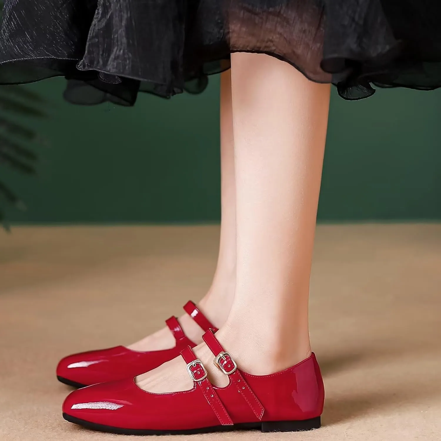 SAILING LU Women's Square Toe Classic Mary Jane Flats Soft PU Leather Walking Shoes Comfortable Slip-ons Solid Color Dress Shoes