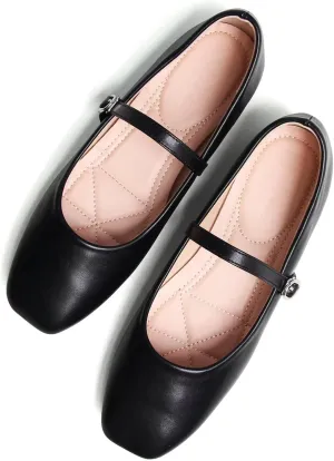 SAILING LU Women's Square Toe Classic Mary Jane Flats Soft PU Leather Walking Shoes Comfortable Slip-ons Solid Color Dress Shoes