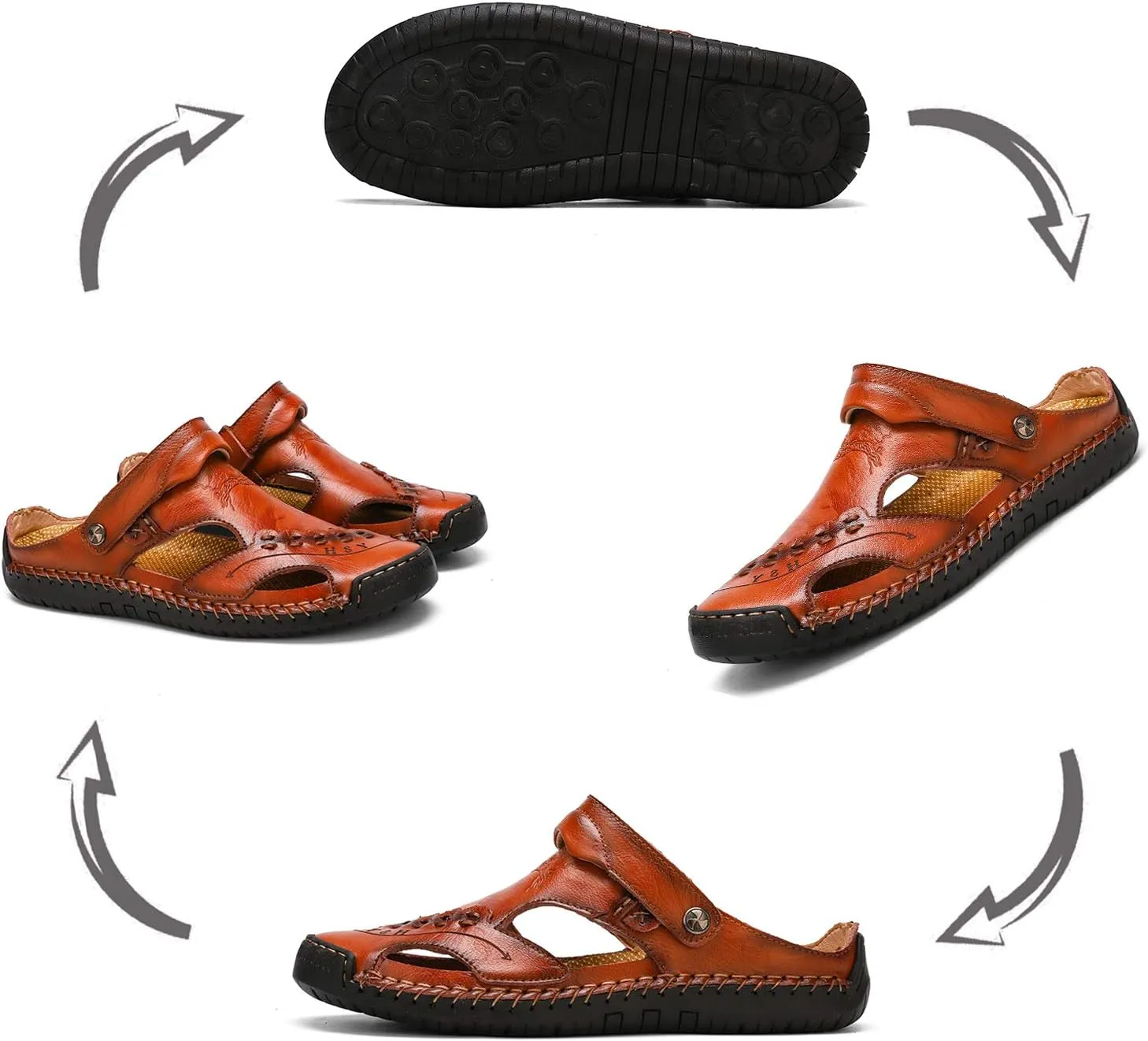 Sandals for Men Closed Toe Leather Sandals Athletic Strap Adjustable Loafers Outdoor Beach Shoes Black 38