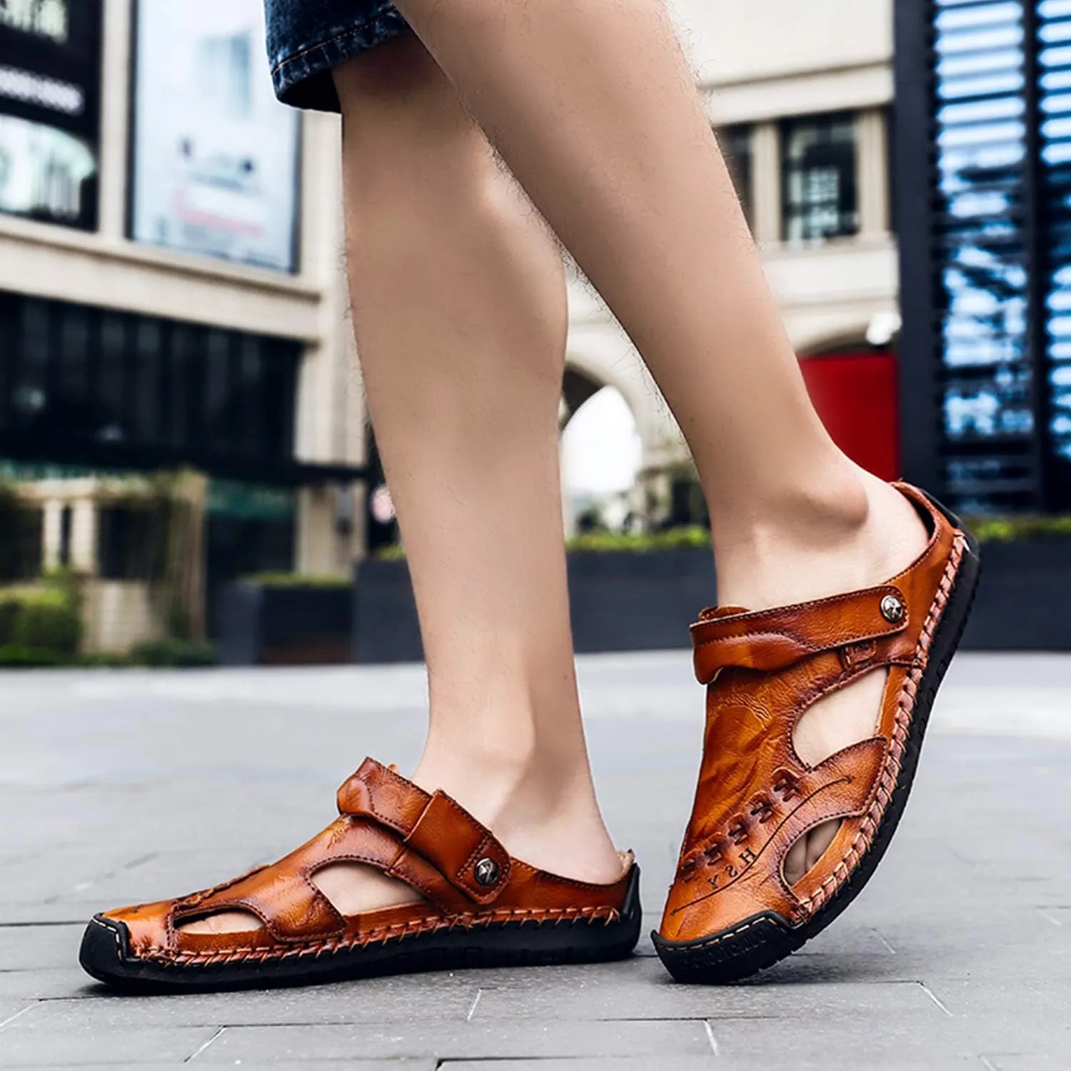 Sandals for Men Closed Toe Leather Sandals Athletic Strap Adjustable Loafers Outdoor Beach Shoes Black 38