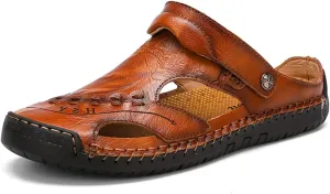Sandals for Men Closed Toe Leather Sandals Athletic Strap Adjustable Loafers Outdoor Beach Shoes Black 38