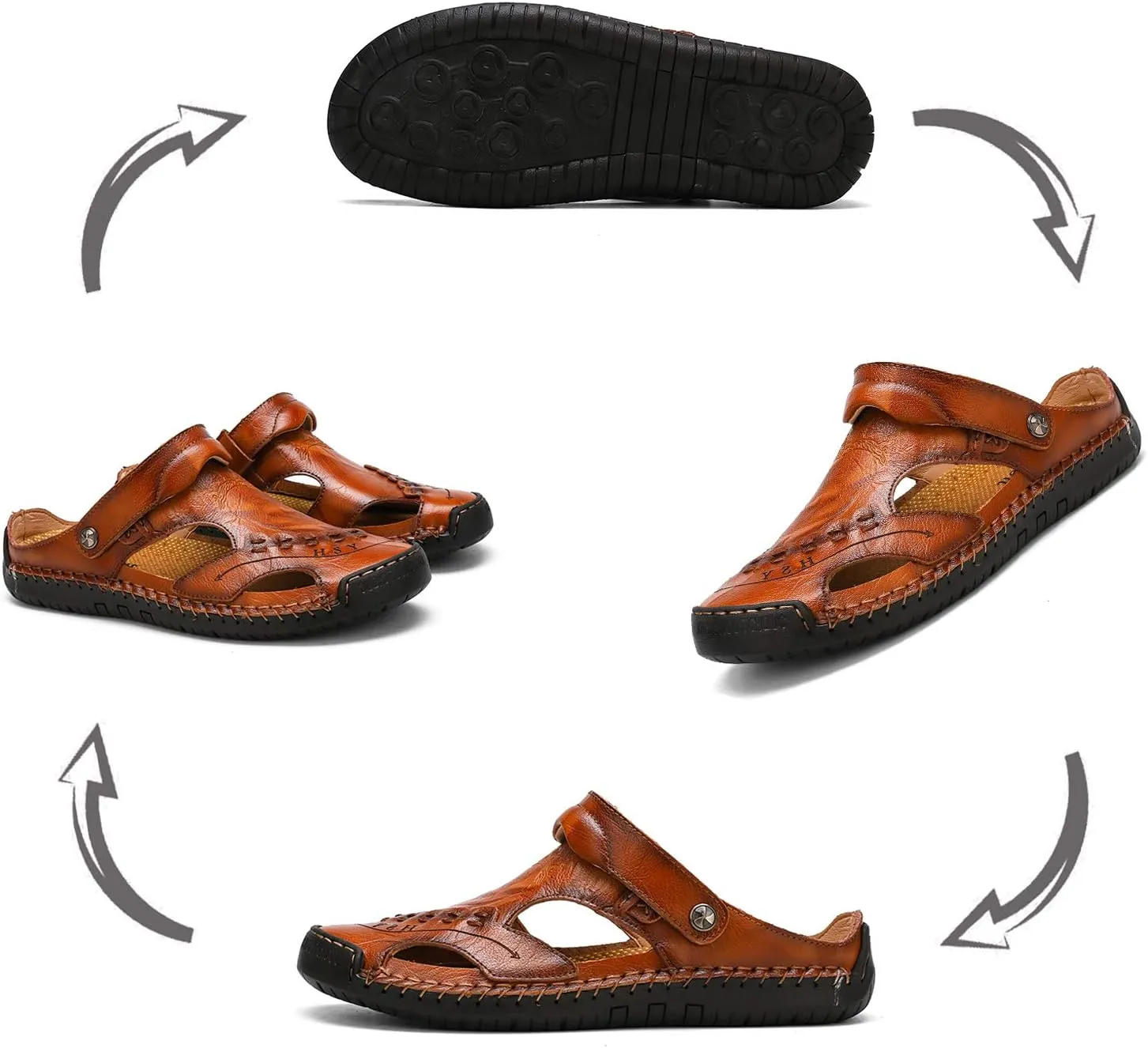 Sandals for Men Closed Toe Leather Sandals Athletic Strap Adjustable Loafers Outdoor Beach Shoes Black 38