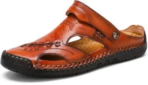Sandals for Men Closed Toe Leather Sandals Athletic Strap Adjustable Loafers Outdoor Beach Shoes Black 38