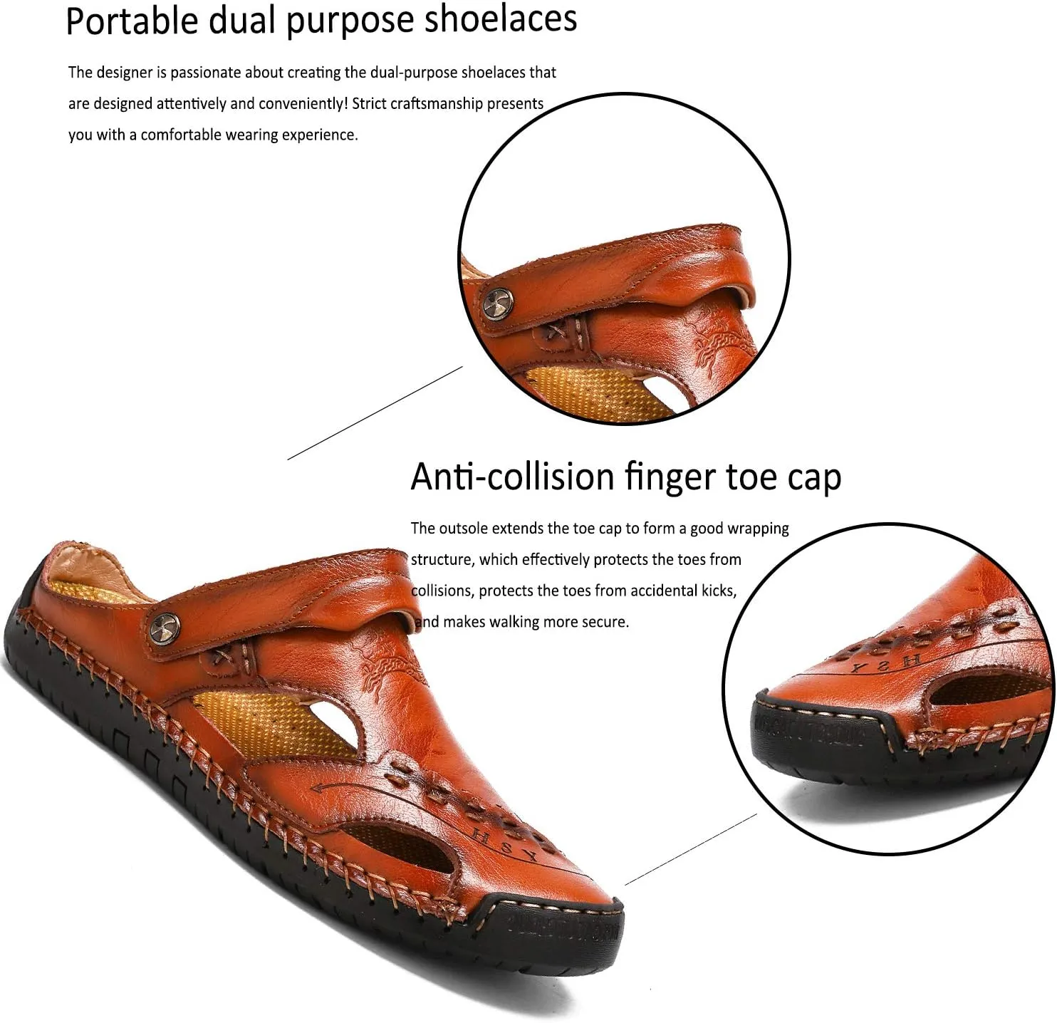 Sandals for Men Closed Toe Leather Sandals Athletic Strap Adjustable Loafers Outdoor Beach Shoes Black 38