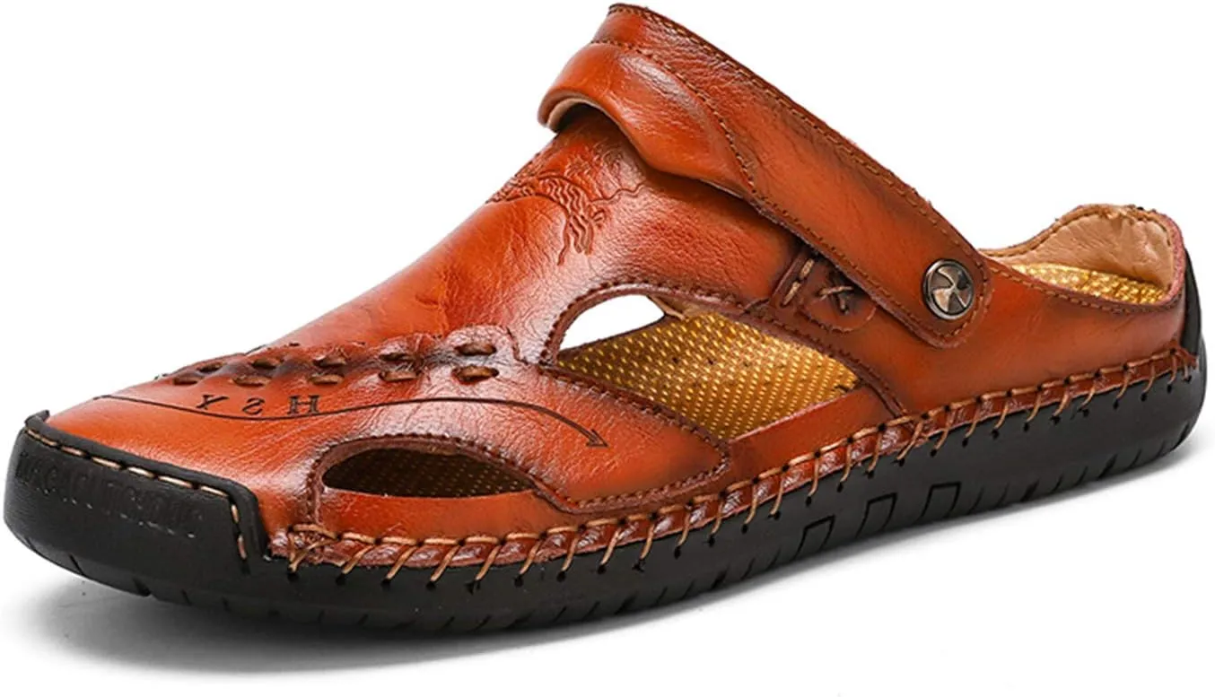 Sandals for Men Closed Toe Leather Sandals Athletic Strap Adjustable Loafers Outdoor Beach Shoes Black 38