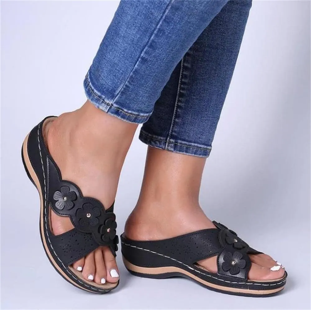 Sandals for Women Retro Flowers Dressy Sandals Wedge Slippers Casual Platform Slides Boho Slip on Beach Walking Shoes 2043