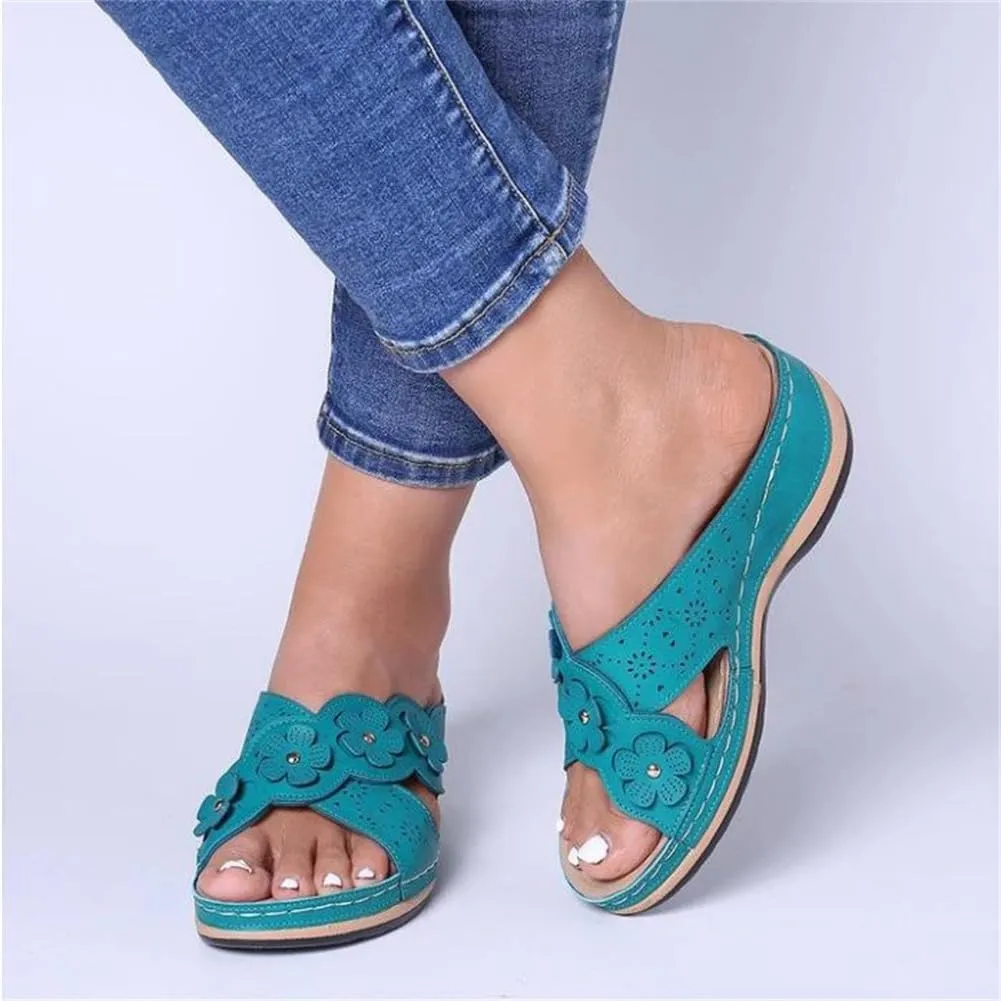 Sandals for Women Retro Flowers Dressy Sandals Wedge Slippers Casual Platform Slides Boho Slip on Beach Walking Shoes 2043