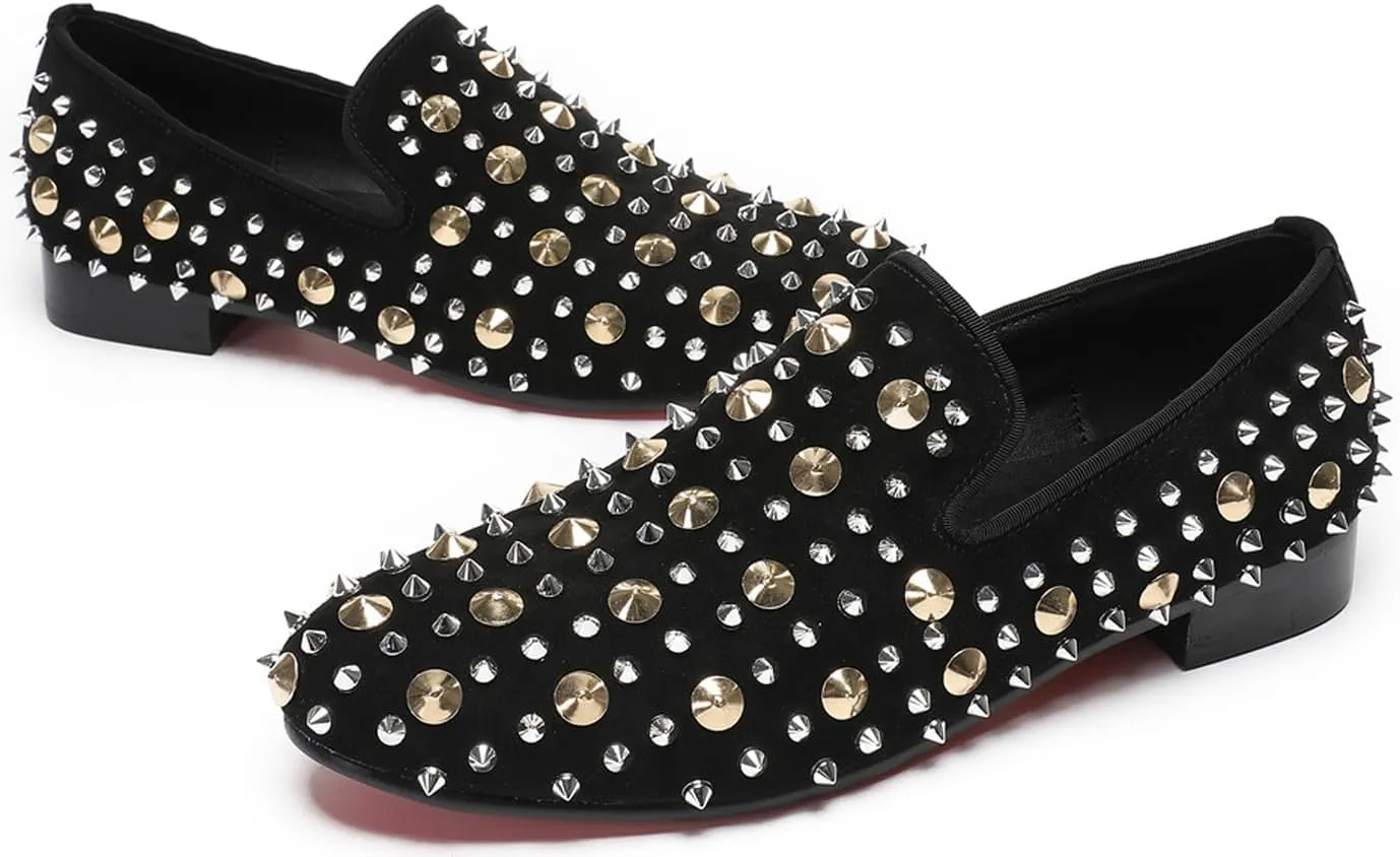 Santimon Mens Studded Loafers Spikes Rivets Luxury Penny Loafers Wedding Dress Slip On Party Prom Shoes Wingtip Suede Mocasines Casual Tuxedo Western Dsico Ballroom Smoking Shoes for Men