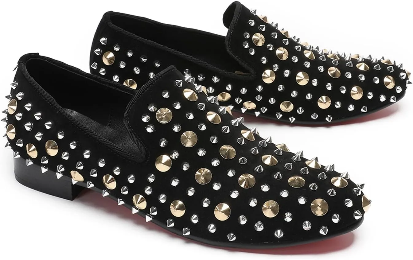 Santimon Mens Studded Loafers Spikes Rivets Luxury Penny Loafers Wedding Dress Slip On Party Prom Shoes Wingtip Suede Mocasines Casual Tuxedo Western Dsico Ballroom Smoking Shoes for Men