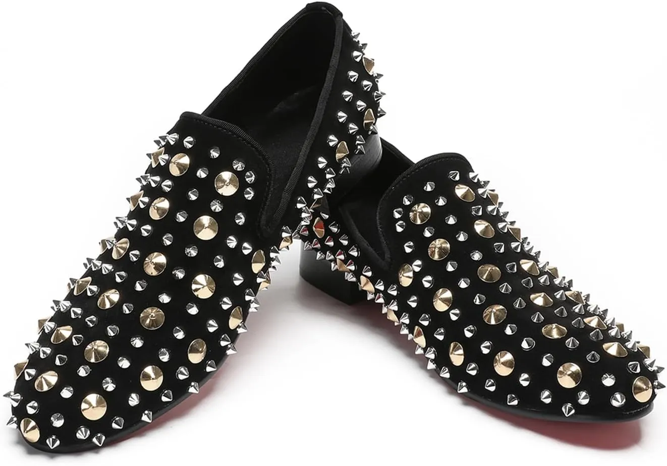 Santimon Mens Studded Loafers Spikes Rivets Luxury Penny Loafers Wedding Dress Slip On Party Prom Shoes Wingtip Suede Mocasines Casual Tuxedo Western Dsico Ballroom Smoking Shoes for Men