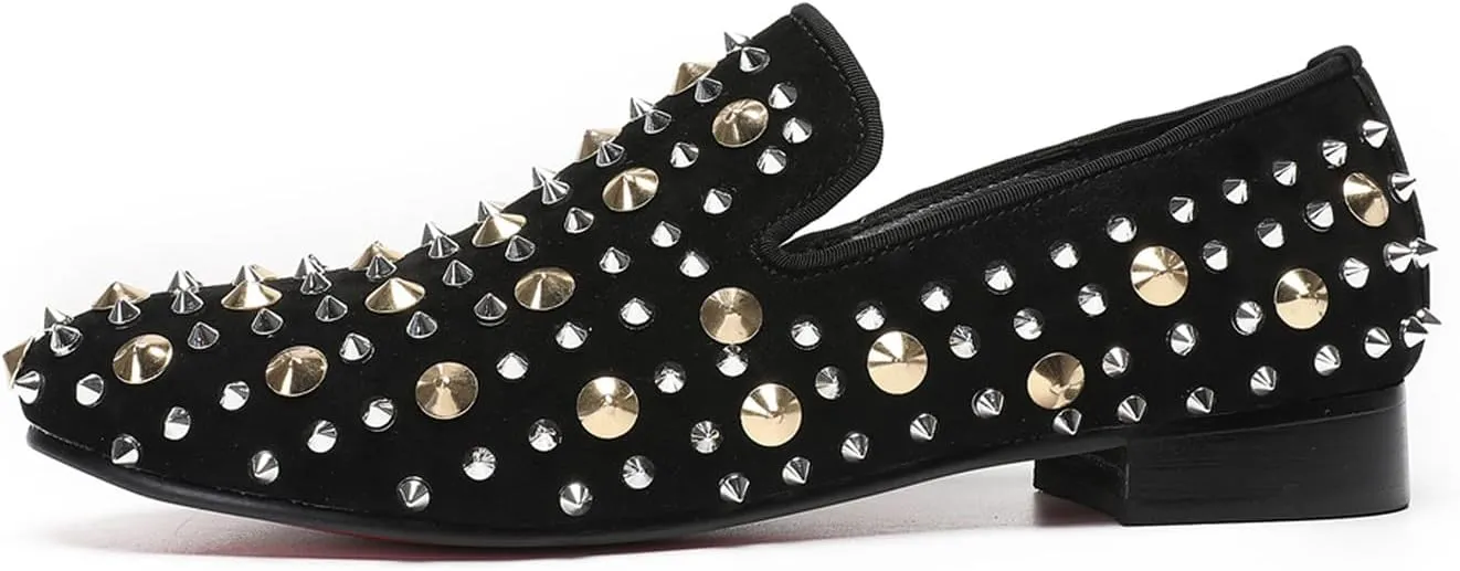 Santimon Mens Studded Loafers Spikes Rivets Luxury Penny Loafers Wedding Dress Slip On Party Prom Shoes Wingtip Suede Mocasines Casual Tuxedo Western Dsico Ballroom Smoking Shoes for Men