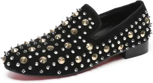 Santimon Mens Studded Loafers Spikes Rivets Luxury Penny Loafers Wedding Dress Slip On Party Prom Shoes Wingtip Suede Mocasines Casual Tuxedo Western Dsico Ballroom Smoking Shoes for Men