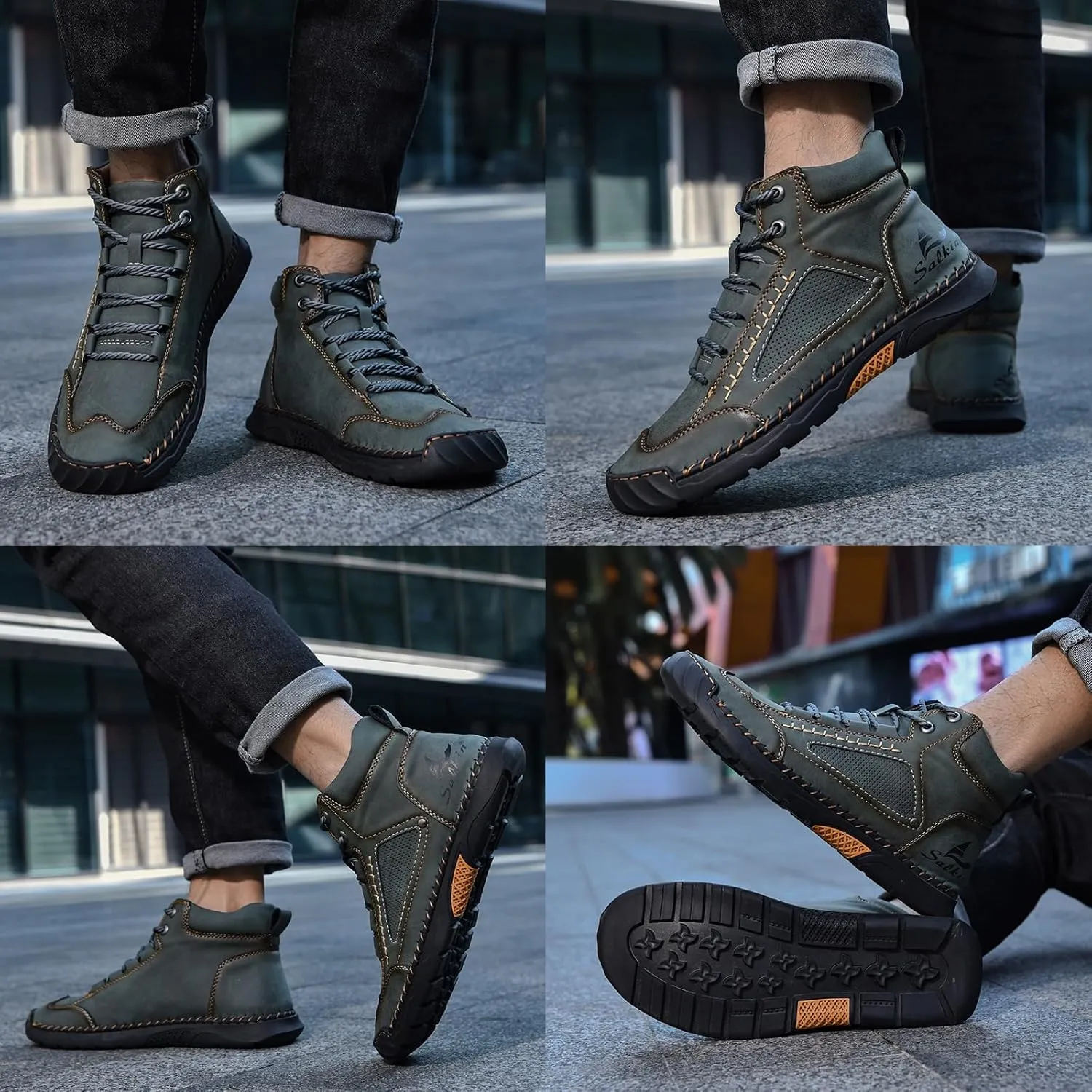 Sawbehind Men's Comfortable Handmade Leather Boots Waterproof, Sawbehind Mens Boots, Spacious Toe Box Outdoor Leather Shoes s