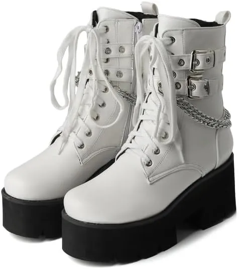 Shinelly Women's Goth Punk Platform Boots Chunky High Heel Ankle Boots Lace Up Round Toe Studded Motorcycle Combat Rave Buckle Booties with Chain Zipper