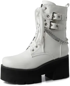 Shinelly Women's Goth Punk Platform Boots Chunky High Heel Ankle Boots Lace Up Round Toe Studded Motorcycle Combat Rave Buckle Booties with Chain Zipper