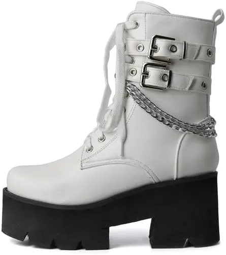 Shinelly Women's Goth Punk Platform Boots Chunky High Heel Ankle Boots Lace Up Round Toe Studded Motorcycle Combat Rave Buckle Booties with Chain Zipper