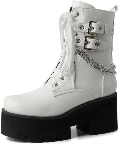 Shinelly Women's Goth Punk Platform Boots Chunky High Heel Ankle Boots Lace Up Round Toe Studded Motorcycle Combat Rave Buckle Booties with Chain Zipper