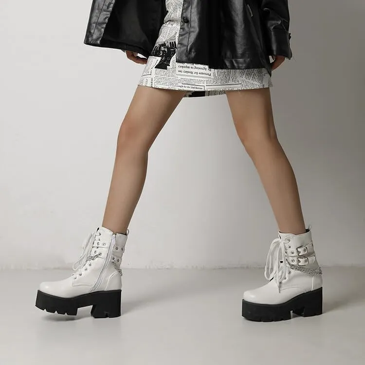 Shinelly Women's Goth Punk Platform Boots Chunky High Heel Ankle Boots Lace Up Round Toe Studded Motorcycle Combat Rave Buckle Booties with Chain Zipper