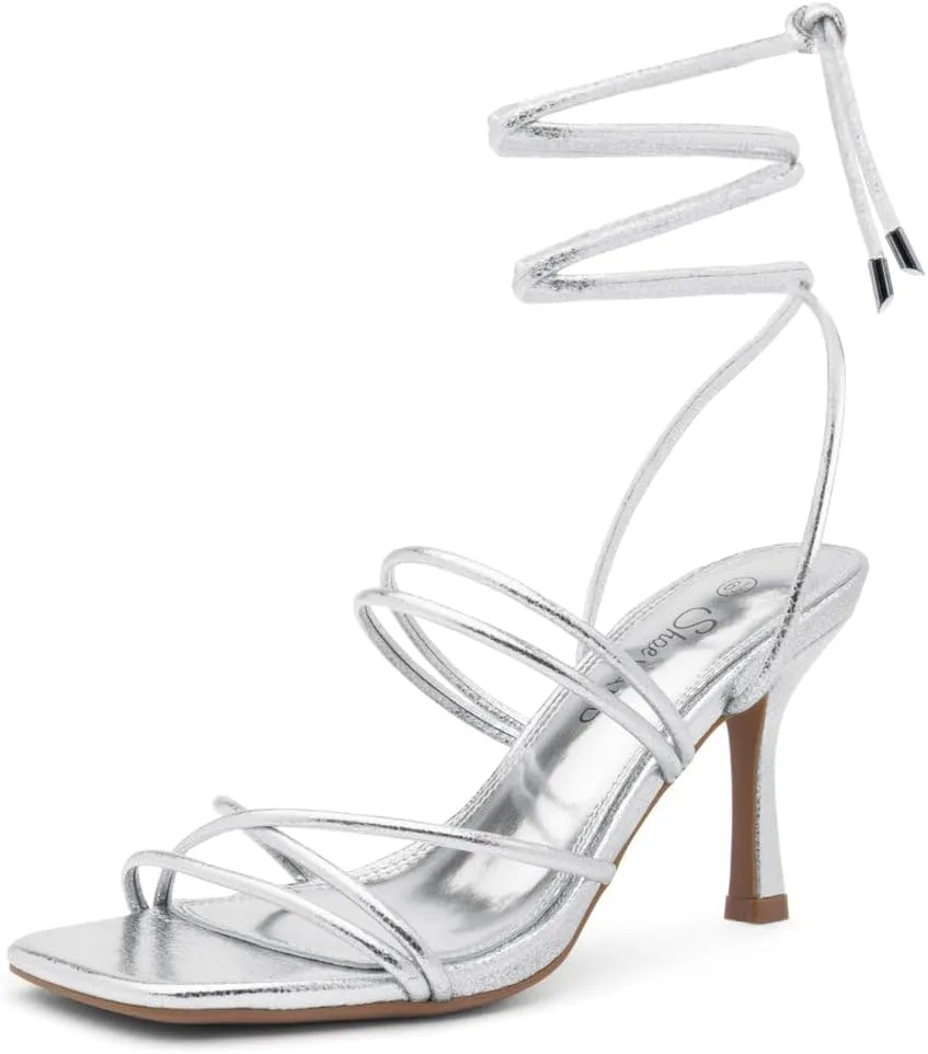 Shoe Land SL-Lumi Women's Lace-Up Heels, Square Open Toe Strappy Heeled Sandals, Ankle Wrap Tie-Up High Heels, Dressy Stiletto Heels for Prom, Wedding, and Party