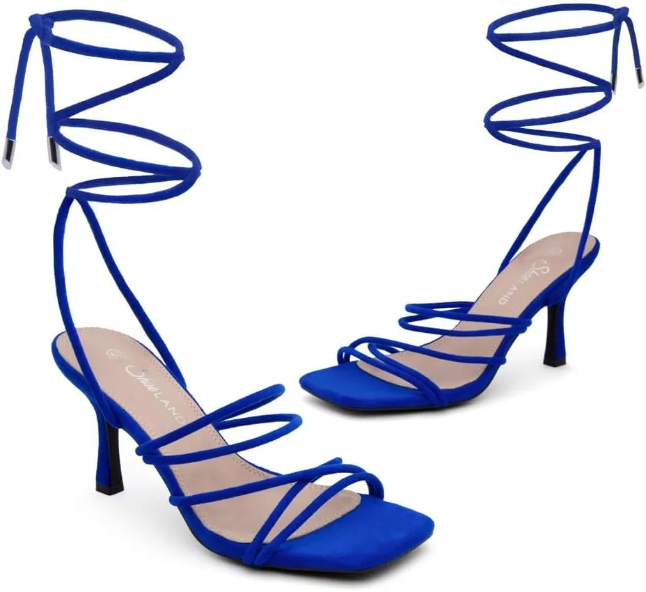 Shoe Land SL-Lumi Women's Lace-Up Heels, Square Open Toe Strappy Heeled Sandals, Ankle Wrap Tie-Up High Heels, Dressy Stiletto Heels for Prom, Wedding, and Party