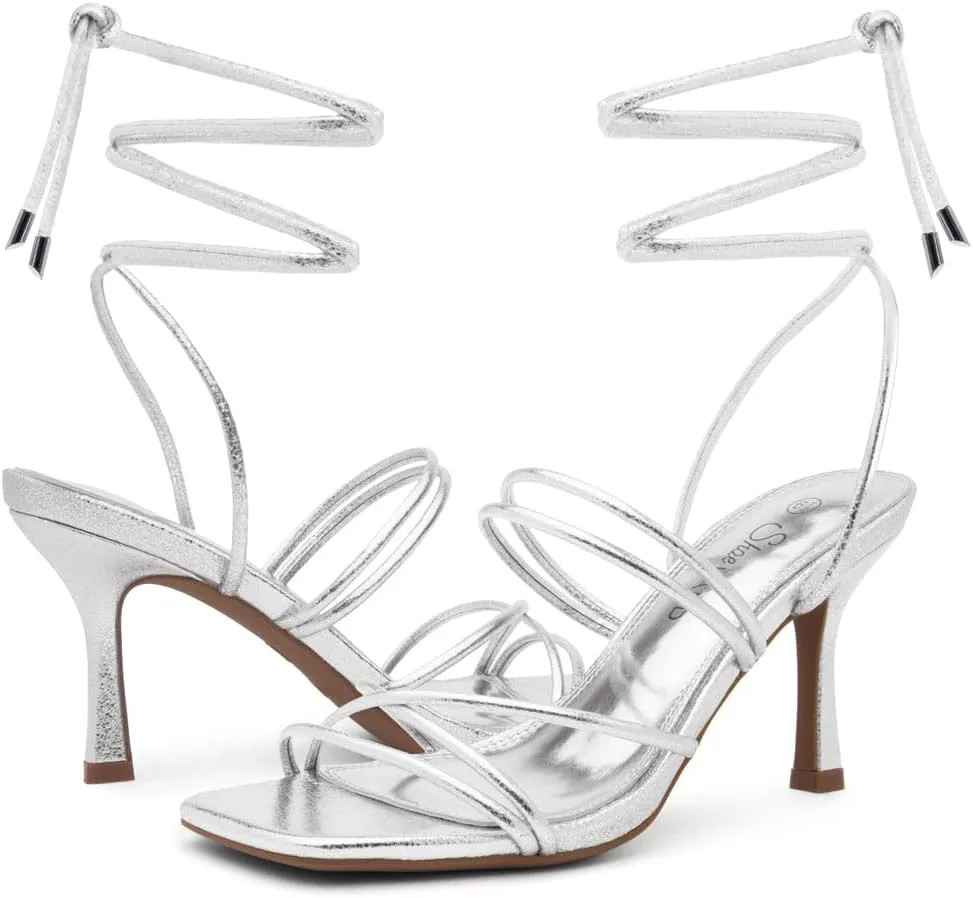 Shoe Land SL-Lumi Women's Lace-Up Heels, Square Open Toe Strappy Heeled Sandals, Ankle Wrap Tie-Up High Heels, Dressy Stiletto Heels for Prom, Wedding, and Party