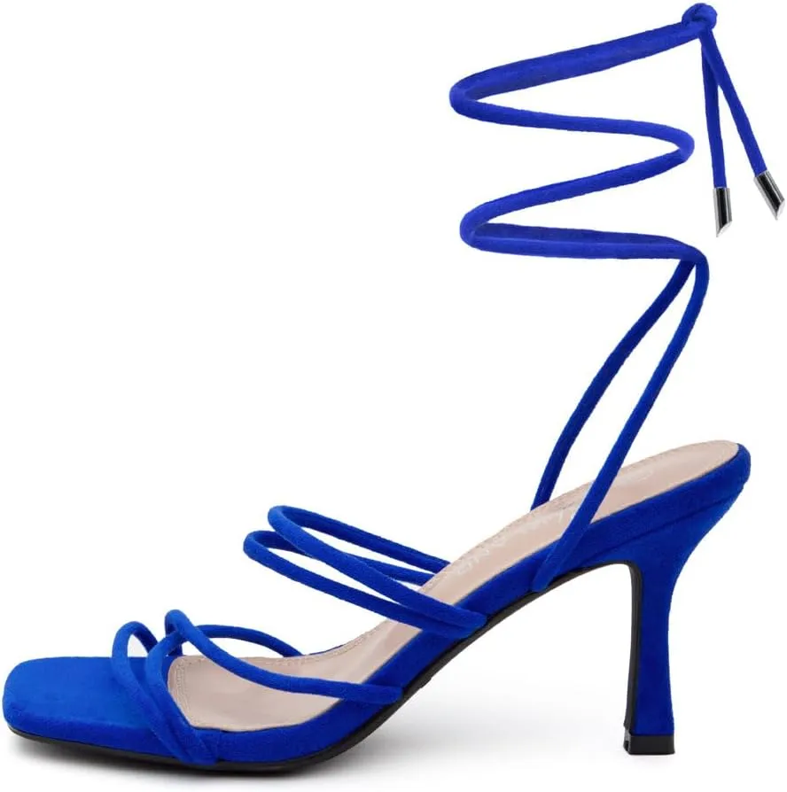 Shoe Land SL-Lumi Women's Lace-Up Heels, Square Open Toe Strappy Heeled Sandals, Ankle Wrap Tie-Up High Heels, Dressy Stiletto Heels for Prom, Wedding, and Party