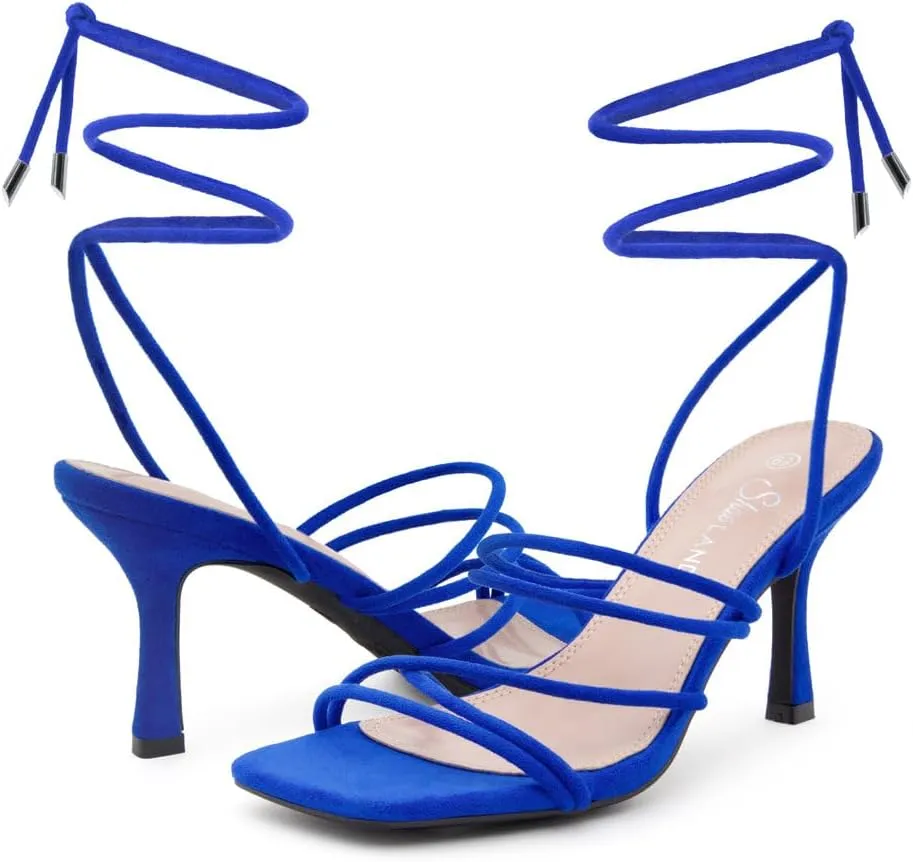 Shoe Land SL-Lumi Women's Lace-Up Heels, Square Open Toe Strappy Heeled Sandals, Ankle Wrap Tie-Up High Heels, Dressy Stiletto Heels for Prom, Wedding, and Party