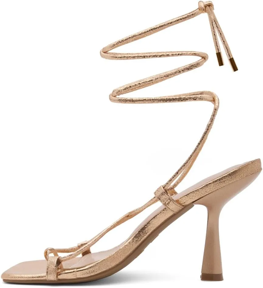 Shoe Land SL-Nadine Women's Lace-Up Heels, Square Open Toe Ankle-Wrapped Tie-Up Heeled Sandals, Dressy Stiletto Strappy Sandals for Prom, Party, and Wedding