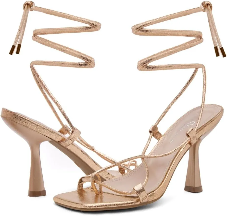 Shoe Land SL-Nadine Women's Lace-Up Heels, Square Open Toe Ankle-Wrapped Tie-Up Heeled Sandals, Dressy Stiletto Strappy Sandals for Prom, Party, and Wedding