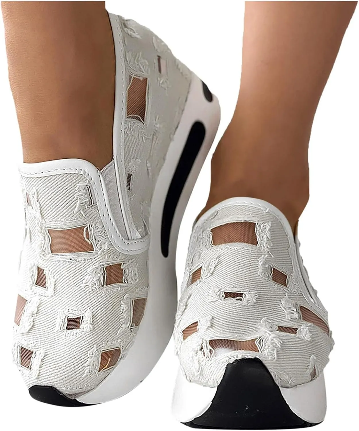 Slip On Sneakers Women Platform Wedge Floral Sneakers Mesh Shoes for Women Breathable Slip On Walking Shoes Casual Embroidery Fashion Sneakers Comfort Work Shoes Outdoor Sports Shoes