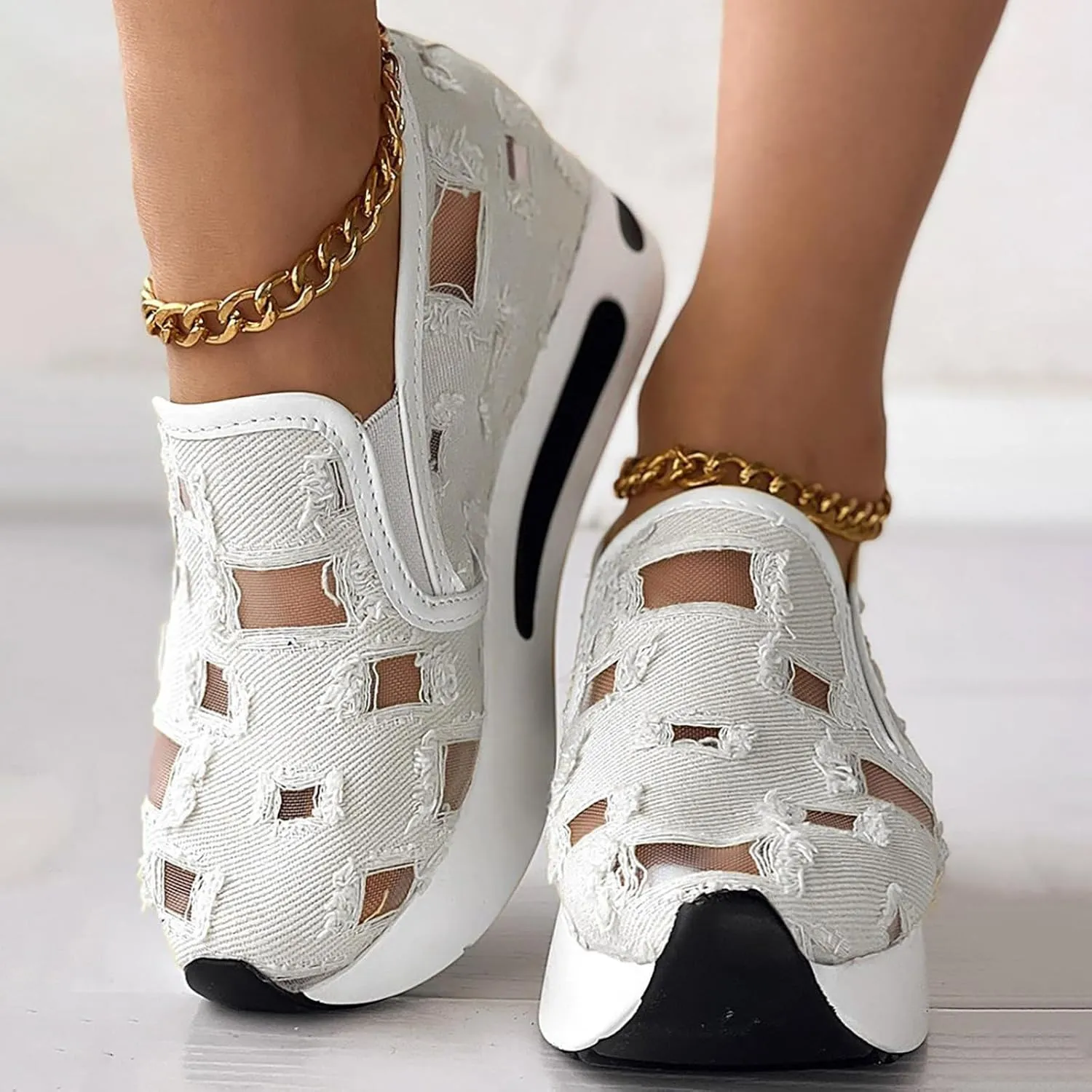 Slip On Sneakers Women Platform Wedge Floral Sneakers Mesh Shoes for Women Breathable Slip On Walking Shoes Casual Embroidery Fashion Sneakers Comfort Work Shoes Outdoor Sports Shoes