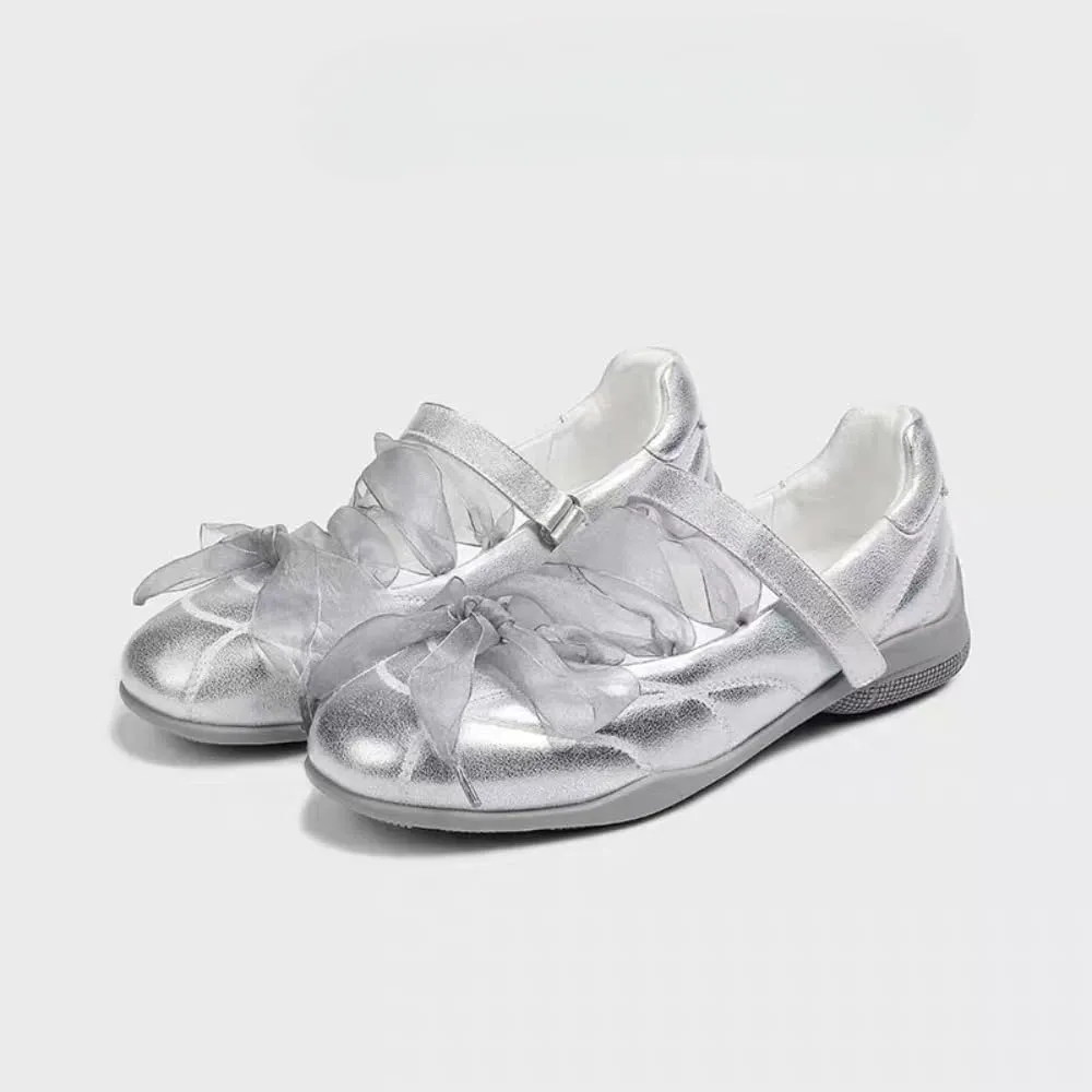Sneakerina Preppy Ballet Sneakers Women Kawaii Y2K Retro Satin Bow Round Toes Non-Slip Chunky Sole Casual Leather Lace-Up Flat Platform Sneakers Back to School Gifts for Daughter Granddaughter