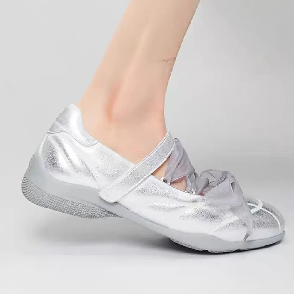 Sneakerina Preppy Ballet Sneakers Women Kawaii Y2K Retro Satin Bow Round Toes Non-Slip Chunky Sole Casual Leather Lace-Up Flat Platform Sneakers Back to School Gifts for Daughter Granddaughter
