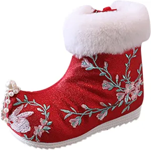Soft Bottom Boots Baby Girls Ankle Pearl Boots Warm Cotton Boots Embroidered Boots National Boots (A, 9.5 Toddler)