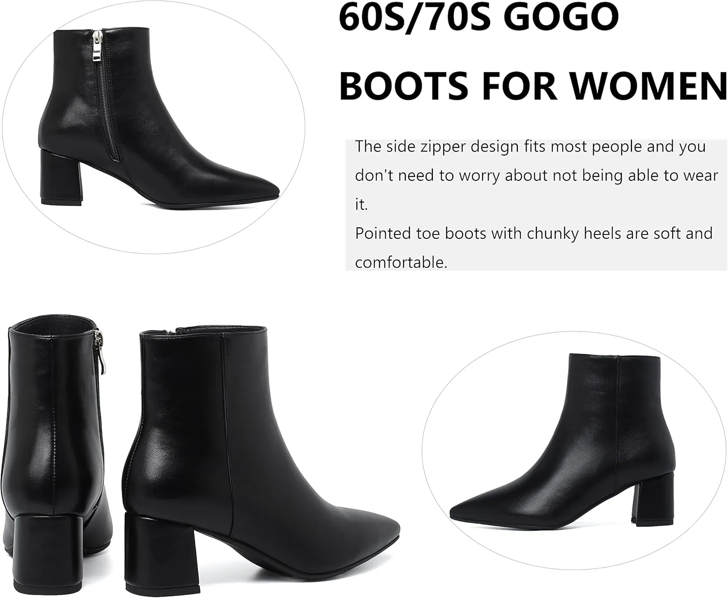SoundSky Chunky Go Go Boots Women Pointed Toe Ankle Boots Block Heel Side Zipper High Heel Short Booties