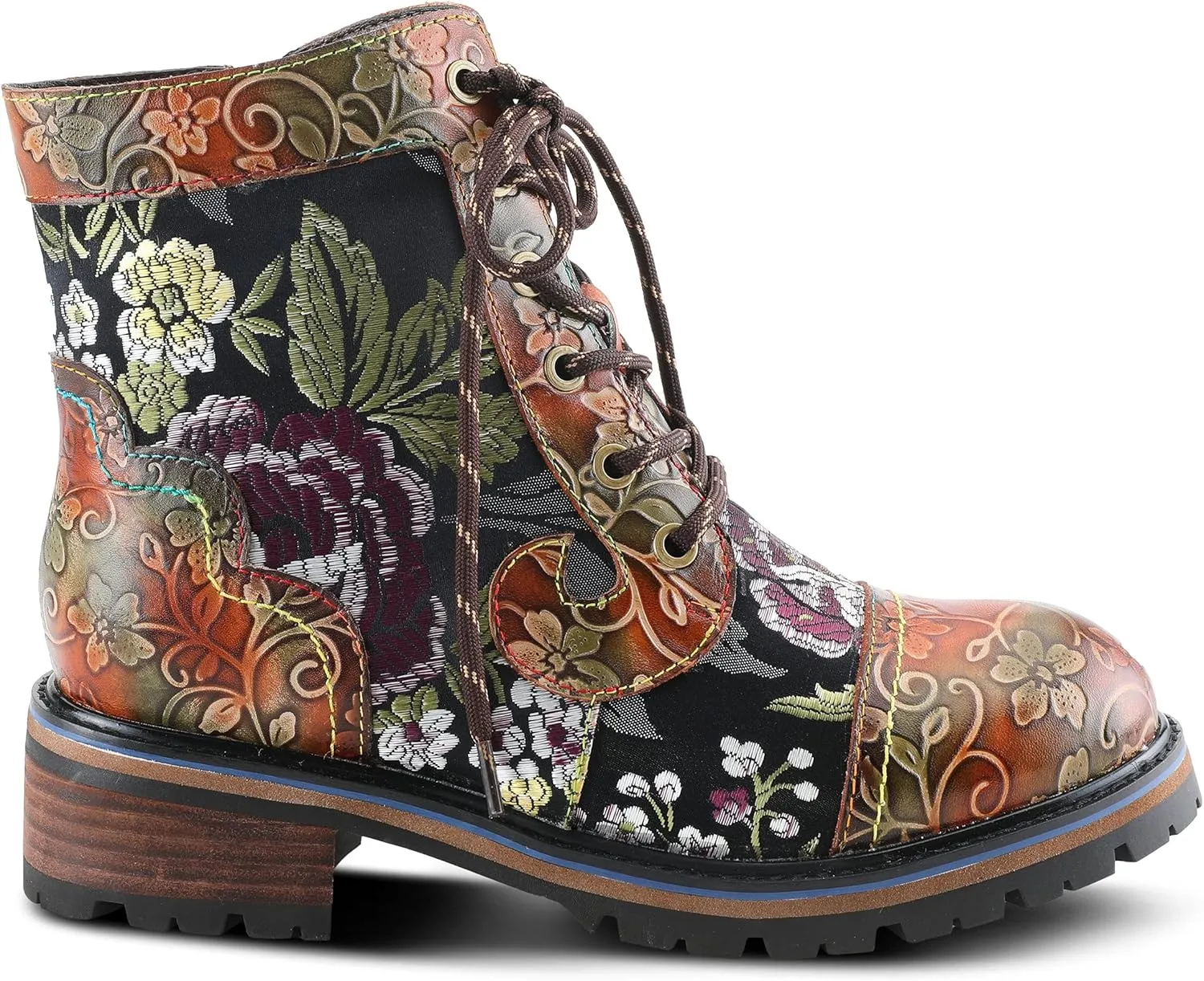 Spring Step L'Artiste Fantastic Booties for Women - Floral Hand Painted Womens Ankle Boots Low Heel - Everyday Wear Leather and Textile Western Booties