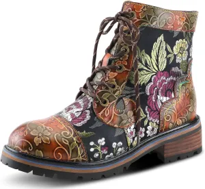 Spring Step L'Artiste Fantastic Booties for Women - Floral Hand Painted Womens Ankle Boots Low Heel - Everyday Wear Leather and Textile Western Booties