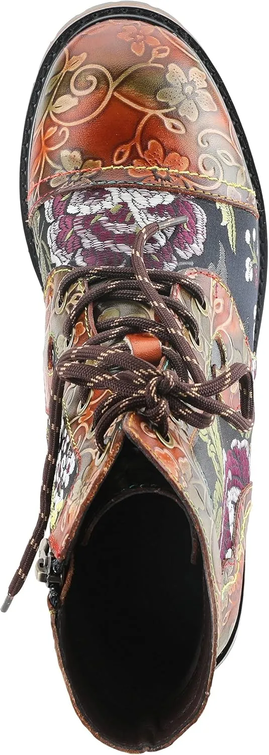Spring Step L'Artiste Fantastic Booties for Women - Floral Hand Painted Womens Ankle Boots Low Heel - Everyday Wear Leather and Textile Western Booties