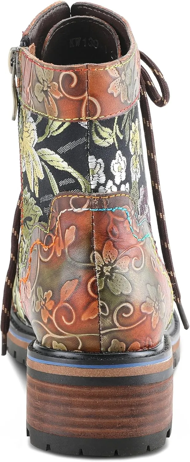 Spring Step L'Artiste Fantastic Booties for Women - Floral Hand Painted Womens Ankle Boots Low Heel - Everyday Wear Leather and Textile Western Booties