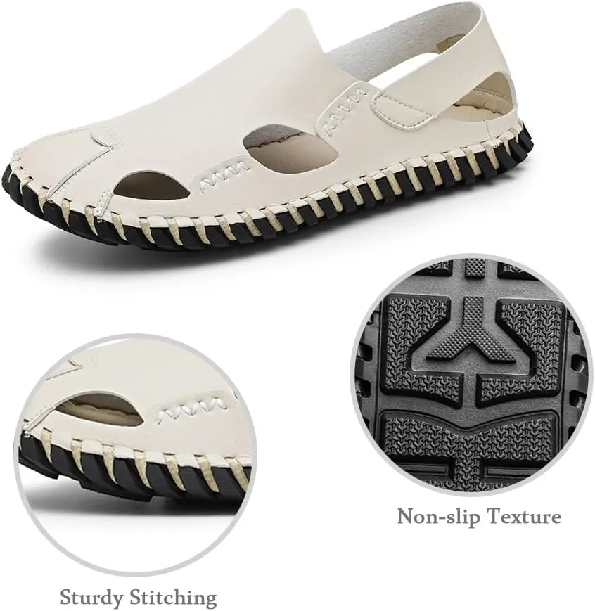 Succttssful Leather Beach Sandals for Men Closed Toe Water Sandals Casual Summer Sandals Non Slip Walking Fisherman Shoes