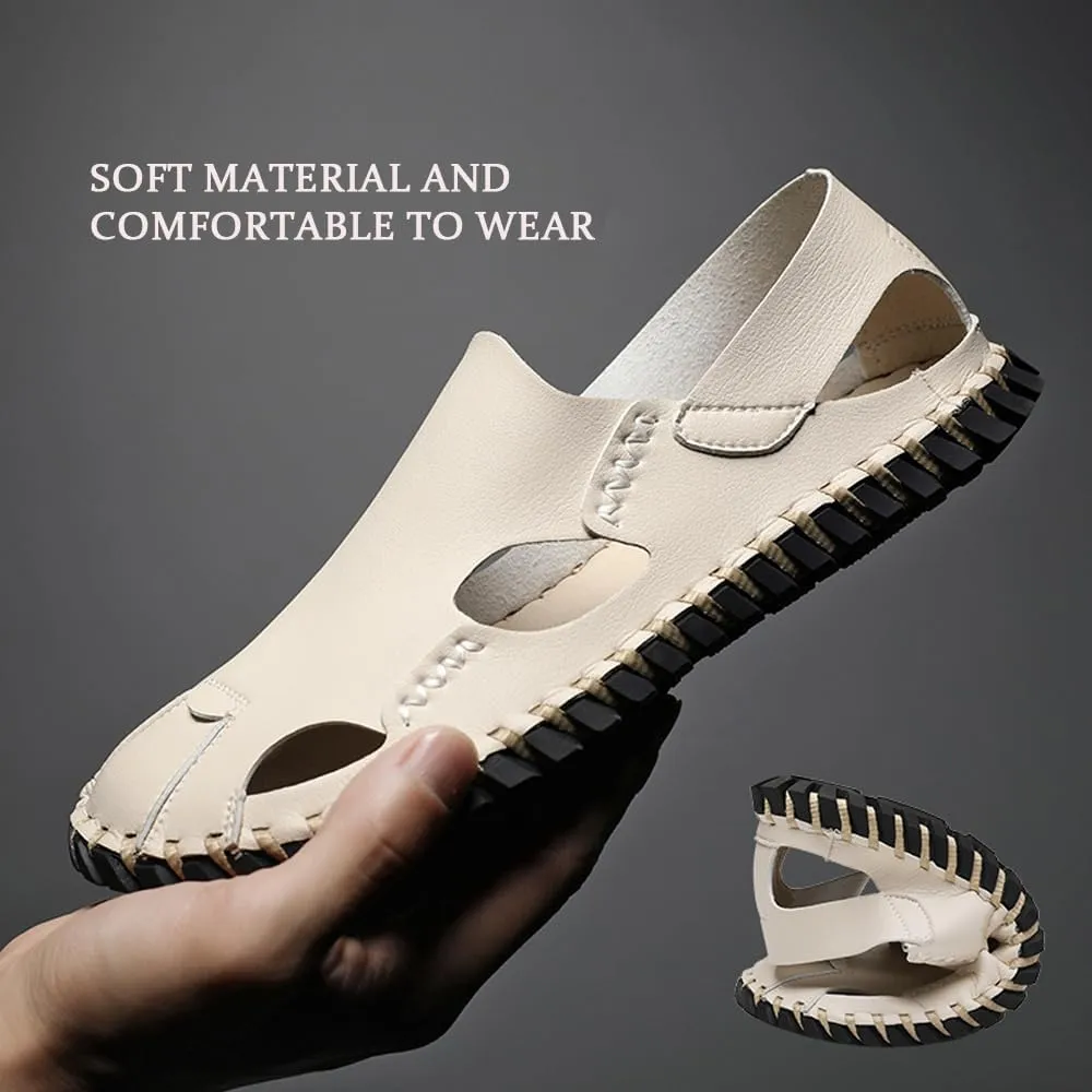 Succttssful Leather Beach Sandals for Men Closed Toe Water Sandals Casual Summer Sandals Non Slip Walking Fisherman Shoes