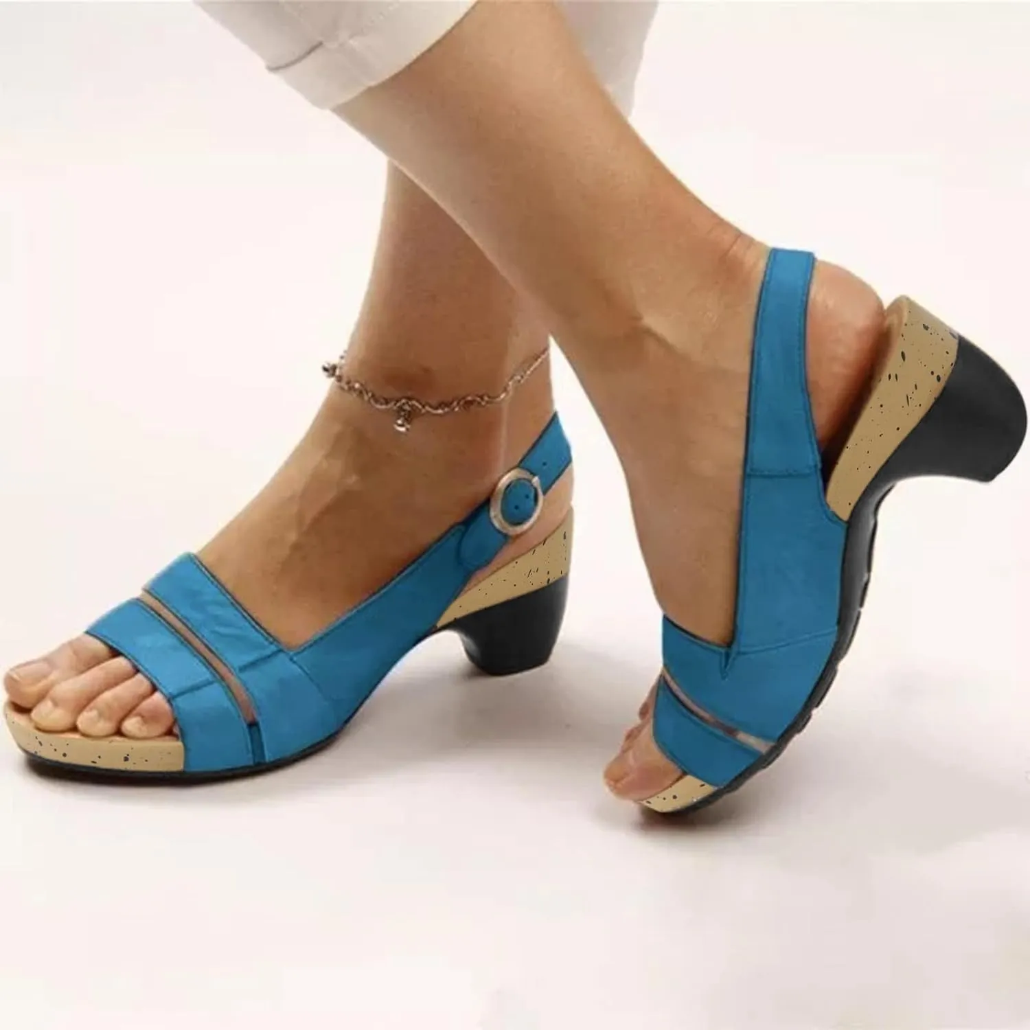 Summer High Heel Sandals Vintage Classic Breathable Lightweight Waterproof Sandal Comfortable Open Toe Non-slip Chunky Heel With Buckle Shoes Wedding Vocation Walking Outdoor Party Shoes